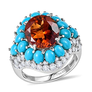 D'Joy Premium Red Citrine and Multi Gemstone 8.25 ctw Fire & Sky Ring in Rhodium Over Sterling Silver (Size 10.0)