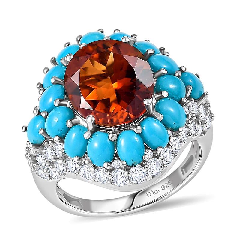 D'Joy Premium Red Citrine and Multi Gemstone 8.25 ctw Fire & Sky Ring in Rhodium Over Sterling Silver (Size 6.0)
