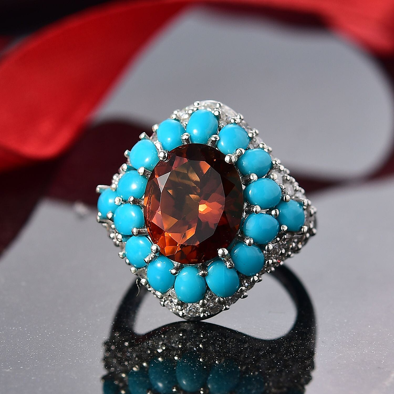 D'Joy Premium Red Citrine, Multi Gemstone Ring in Rhodium Over Sterling Silver (Size 10.0) 8.25 ctw
