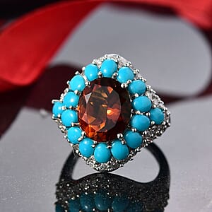 D'Joy Premium Red Citrine and Multi Gemstone 8.25 ctw Fire & Sky Ring in Rhodium Over Sterling Silver (Size 6.0) 