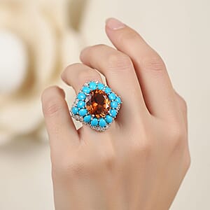 D'Joy Premium Red Citrine and Multi Gemstone 8.25 ctw Fire & Sky Ring in Rhodium Over Sterling Silver (Size 8.0) 
