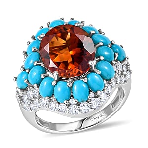 D'Joy Premium Red Citrine and Multi Gemstone 8.25 ctw Fire & Sky Ring in Rhodium Over Sterling Silver (Size 9.0)
