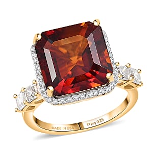 D'Joy Asscher Cut Premium Red Citrine and Moissanite 8.50 ctw Regal Sunfire Ring in 18K Vermeil Yellow Gold Over Sterling Silver (Size 10.0)