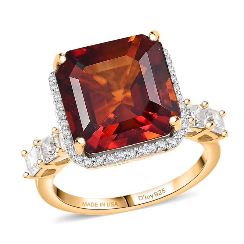 D'Joy Asscher Cut Red Citrine, Moissanite Sunfire Ring in 18K Vermeil YG Over Sterling Silver 8.50 ctw (Size 10.0)