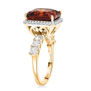 D'Joy Asscher Cut Red Citrine, Moissanite Sunfire Ring in 18K Vermeil YG Over Sterling Silver 8.50 ctw (Size 6.0)