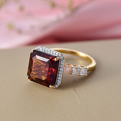 D'Joy Asscher Cut Red Citrine, Moissanite Sunfire Ring in 18K Vermeil YG Over Sterling Silver 8.50 ctw (Size 7.0)