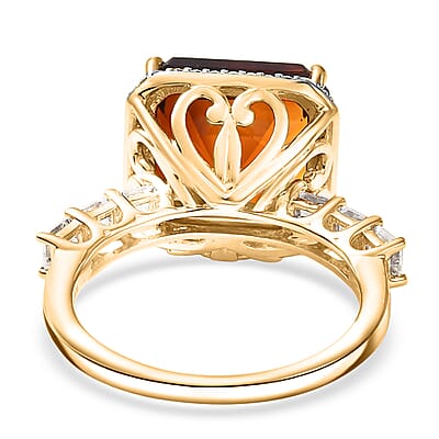 D'Joy Asscher Cut Red Citrine, Moissanite Sunfire Ring in 18K Vermeil YG Over Sterling Silver 8.50 ctw (Size 7.0)