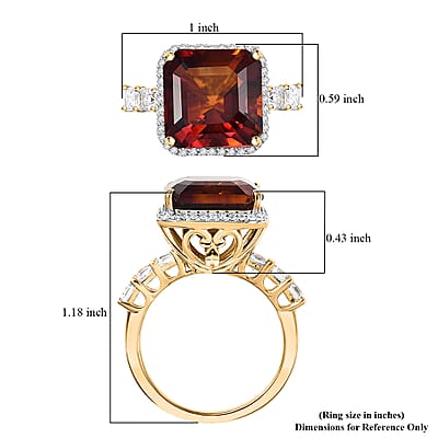 D'Joy Asscher Cut Red Citrine, Moissanite Sunfire Ring in 18K Vermeil YG Over Sterling Silver 8.50 ctw (Size 9.0)