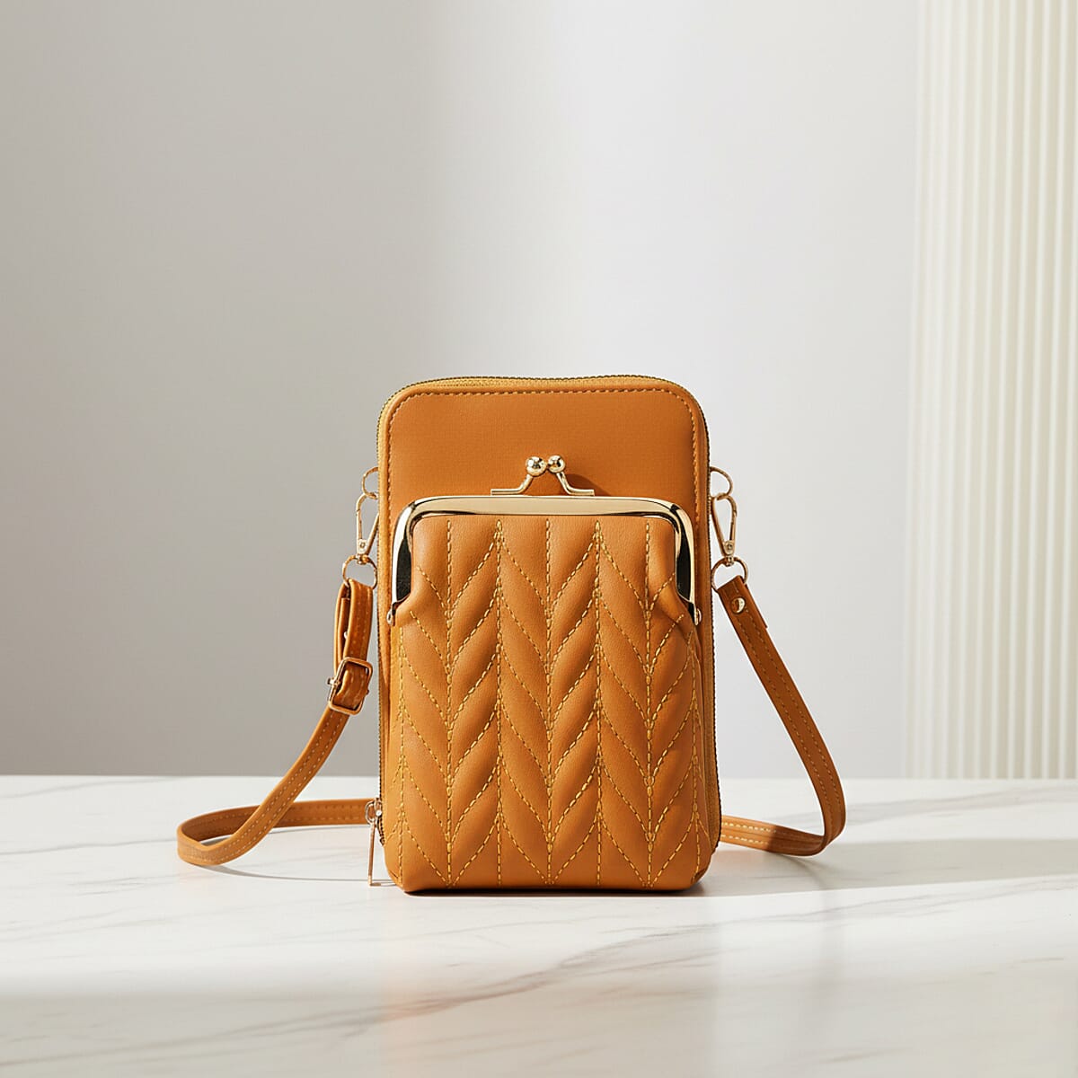 La Marey Tan Faux Leather Crossbody Cell Phone Bag image number 1