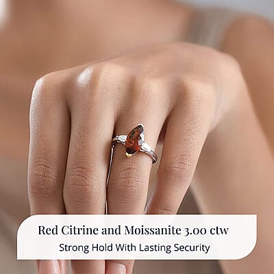D'Joy Red Citrine, Moissanite Ring in Rhodium Over Sterling Silver 3.00 ctw (Size 10.0)