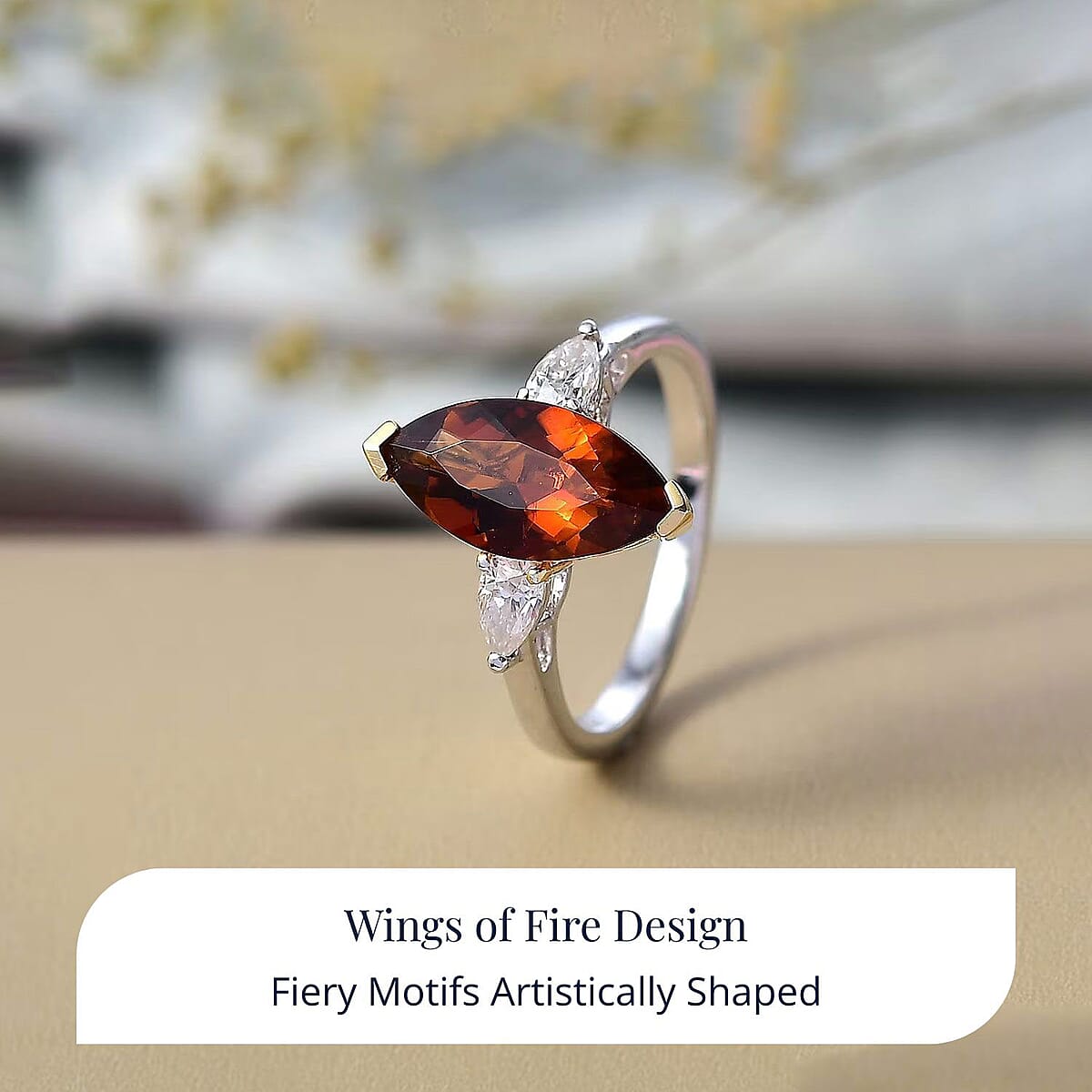 Doorbuster D'Joy Premium Red Citrine and Moissanite 3.00 ctw Wings of Fire Ring in Rhodium Over Sterling Silver (Size 6.0) image number 2