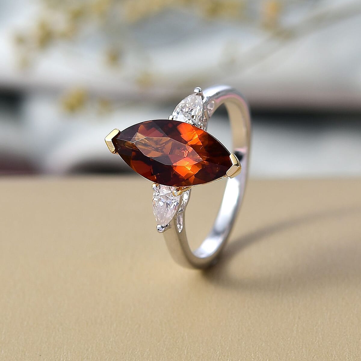 Doorbuster D'Joy Premium Red Citrine and Moissanite 3.00 ctw Wings of Fire Ring in Rhodium Over Sterling Silver (Size 7.0) image number 1