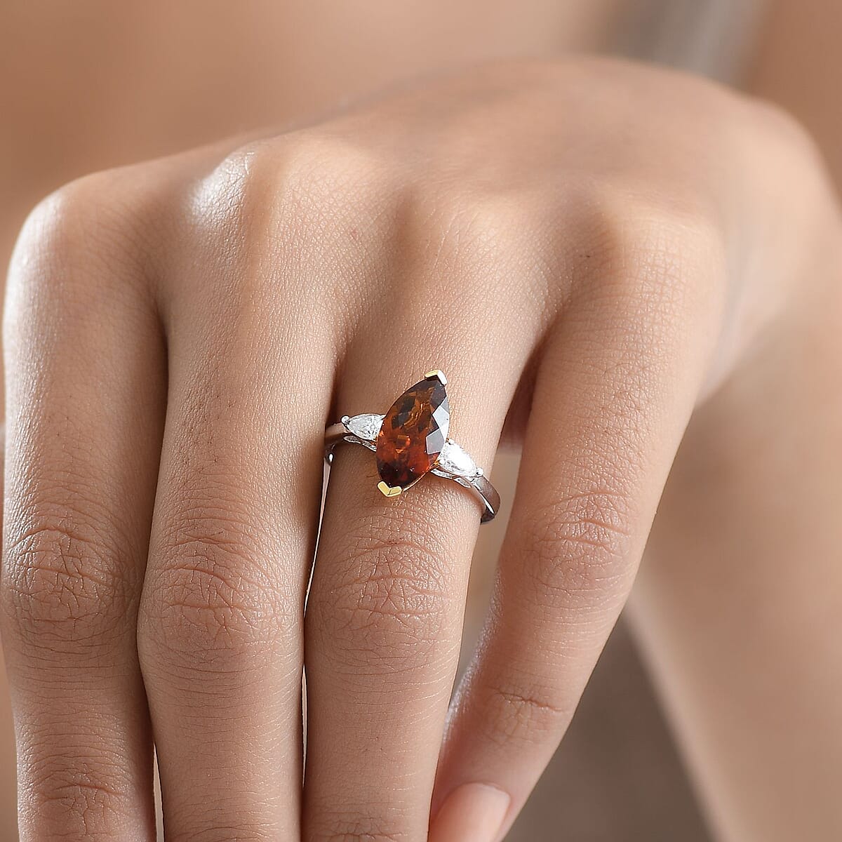 Doorbuster D'Joy Premium Red Citrine and Moissanite 3.00 ctw Wings of Fire Ring in Rhodium Over Sterling Silver (Size 7.0) image number 2