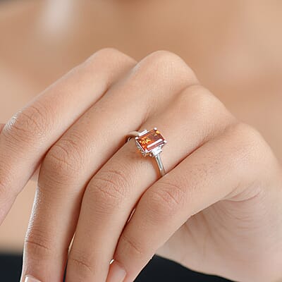 D'Joy Red Citrine and Moissanite 1.65 ctw Ring in Rhodium Over Sterling Silver (Size 10.0)