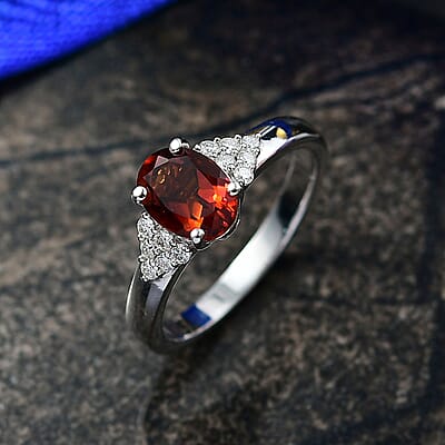 D'Joy Premium Red Citrine and Moissanite 1.40 ctw Crownfire Ring in Rhodium Over Sterling Silver (Size 10.0)