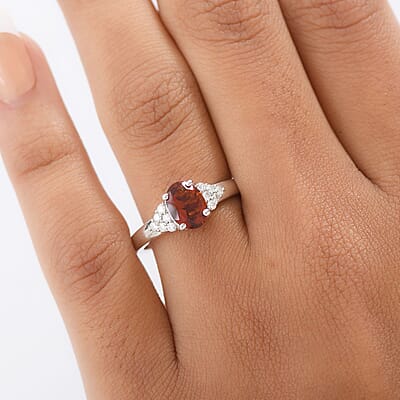 D'Joy Premium Red Citrine and Moissanite 1.40 ctw Crownfire Ring in Rhodium Over Sterling Silver (Size 10.0)