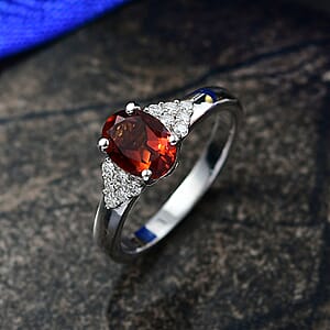 D'Joy Premium Red Citrine and Moissanite 1.40 ctw Crownfire Ring in Rhodium Over Sterling Silver (Size 8.0)