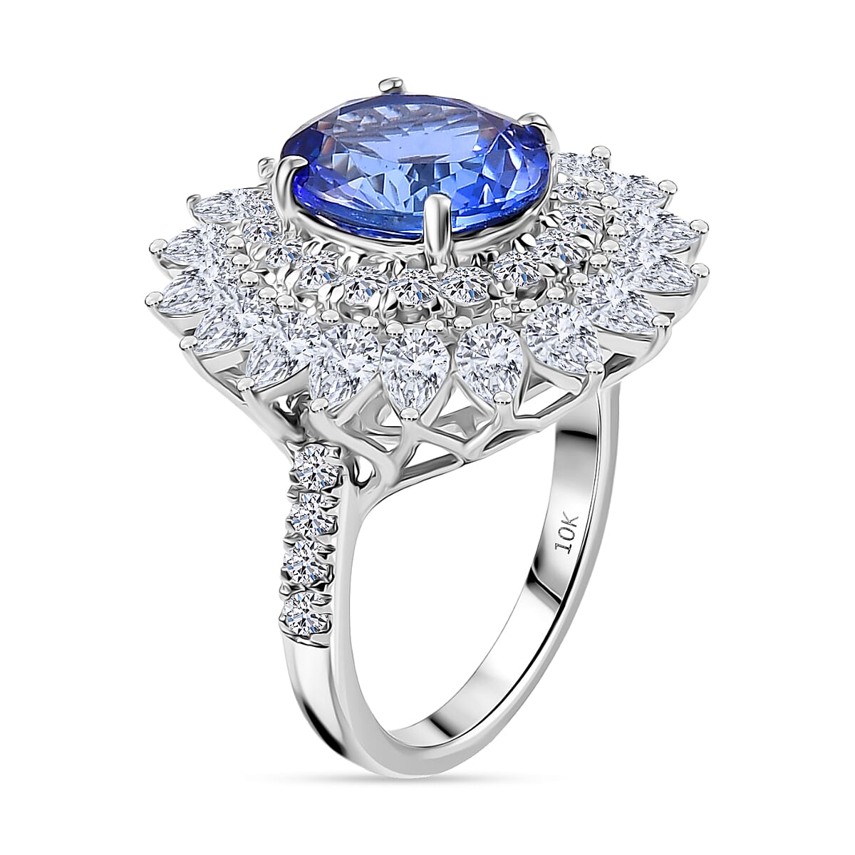 Doorbuster Certified & Appraised AAA Tanzanite and Luxuriant Diamond G-H SI 6.36 ctw Blooming Floral Ring in 10K White Gold (Size 10.0) 5.40 Grams image number 3