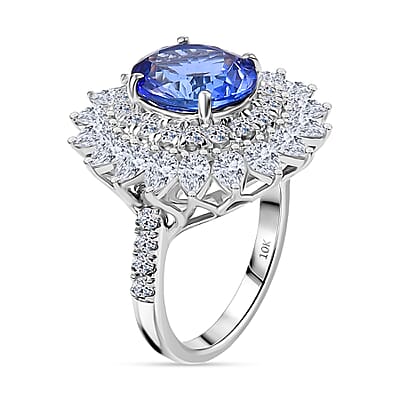 Certified and Appraised AAA Tanzanite, Diamond G-H SI Floral Ring in 10K White Gold 6.36 ctw (Size 12.0)