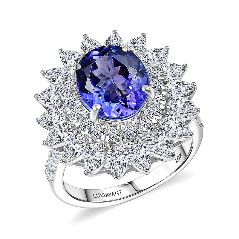 Certified & Appraised AAA Tanzanite and Luxuriant Lab Grown Diamond G-H SI 6.35 ctw Blooming Floral Ring in 10K White Gold (Size 7.0) 5.40 Grams