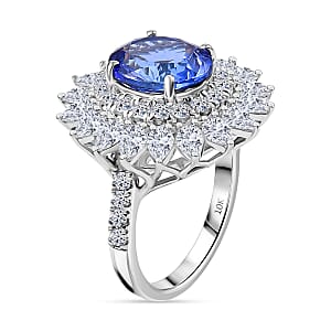 Certified & Appraised AAA Tanzanite, Diamond G-H SI Floral Ring in 10K White Gold 6.36 ctw (Size 7.0)