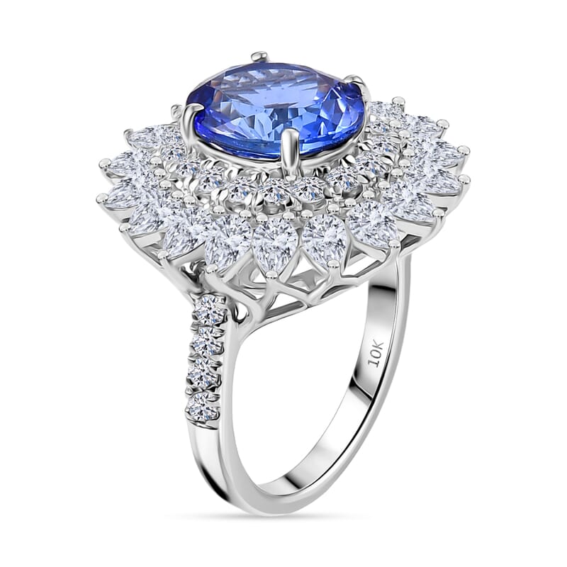 Certified and Appraised AAA Tanzanite, Diamond G-H SI Floral Ring in 10K White Gold 6.36 ctw (Size 9.5)