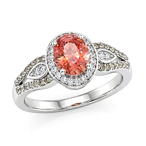 AAA Padparadscha Sapphire (BT), Natural Champagne and White Diamond 1.60 ctw Ethereal Mirage Ring in Rhodium Over Sterling Silver (Size 6.0)