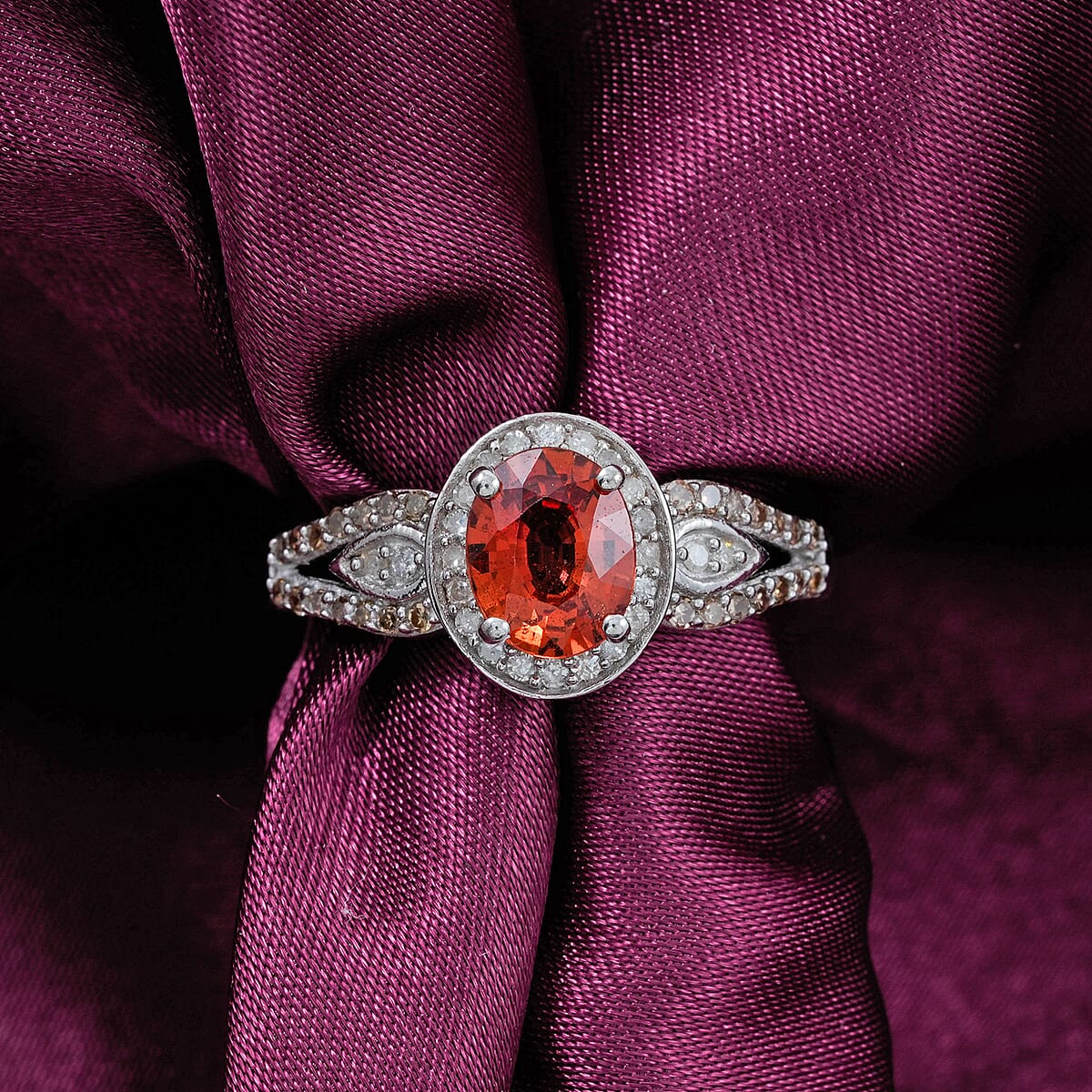 AAA Padparadscha Sapphire (BT), Natural Champagne and White Diamond 1.60 ctw Ethereal Mirage Ring in Rhodium Over Sterling Silver (Size 6.0) image number 1