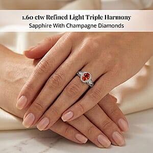 AAA Padparadscha Sapphire (BT), Natural Champagne and White Diamond 1.60 ctw Ethereal Mirage Ring in Rhodium Over Sterling Silver (Size 6.0)