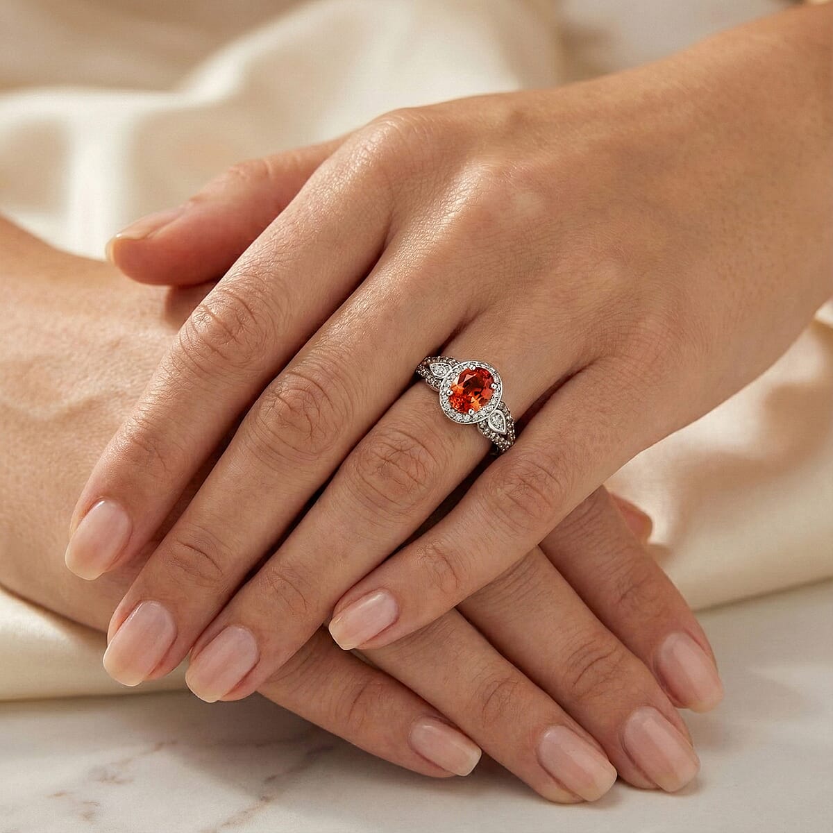 AAA Padparadscha Sapphire (BT), Natural Champagne and White Diamond 1.60 ctw Ethereal Mirage Ring in Rhodium Over Sterling Silver (Size 6.0) image number 2