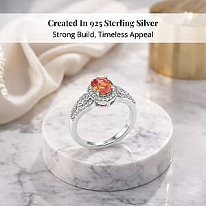 AAA Padparadscha Sapphire (BT), Natural Champagne and White Diamond 1.60 ctw Ethereal Mirage Ring in Rhodium Over Sterling Silver (Size 6.0)