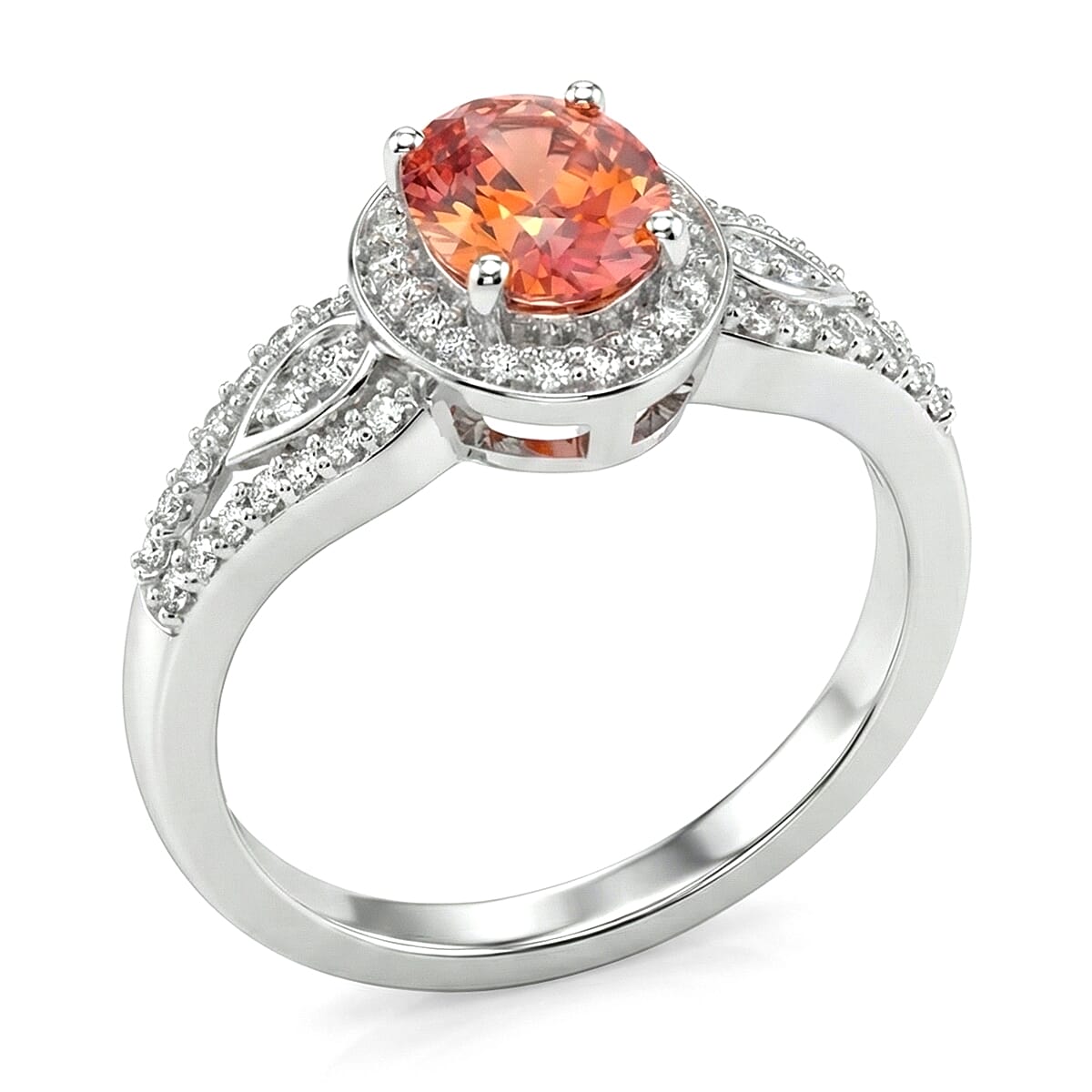 AAA Padparadscha Sapphire (BT), Natural Champagne and White Diamond 1.60 ctw Ethereal Mirage Ring in Rhodium Over Sterling Silver (Size 6.0) image number 3