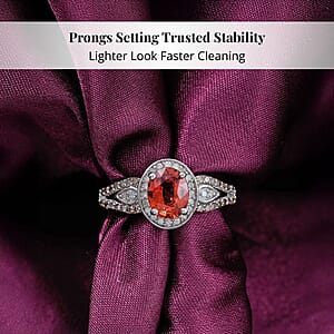 AAA Padparadscha Sapphire (BT), Natural Champagne and White Diamond 1.60 ctw Ethereal Mirage Ring in Rhodium Over Sterling Silver (Size 6.0)