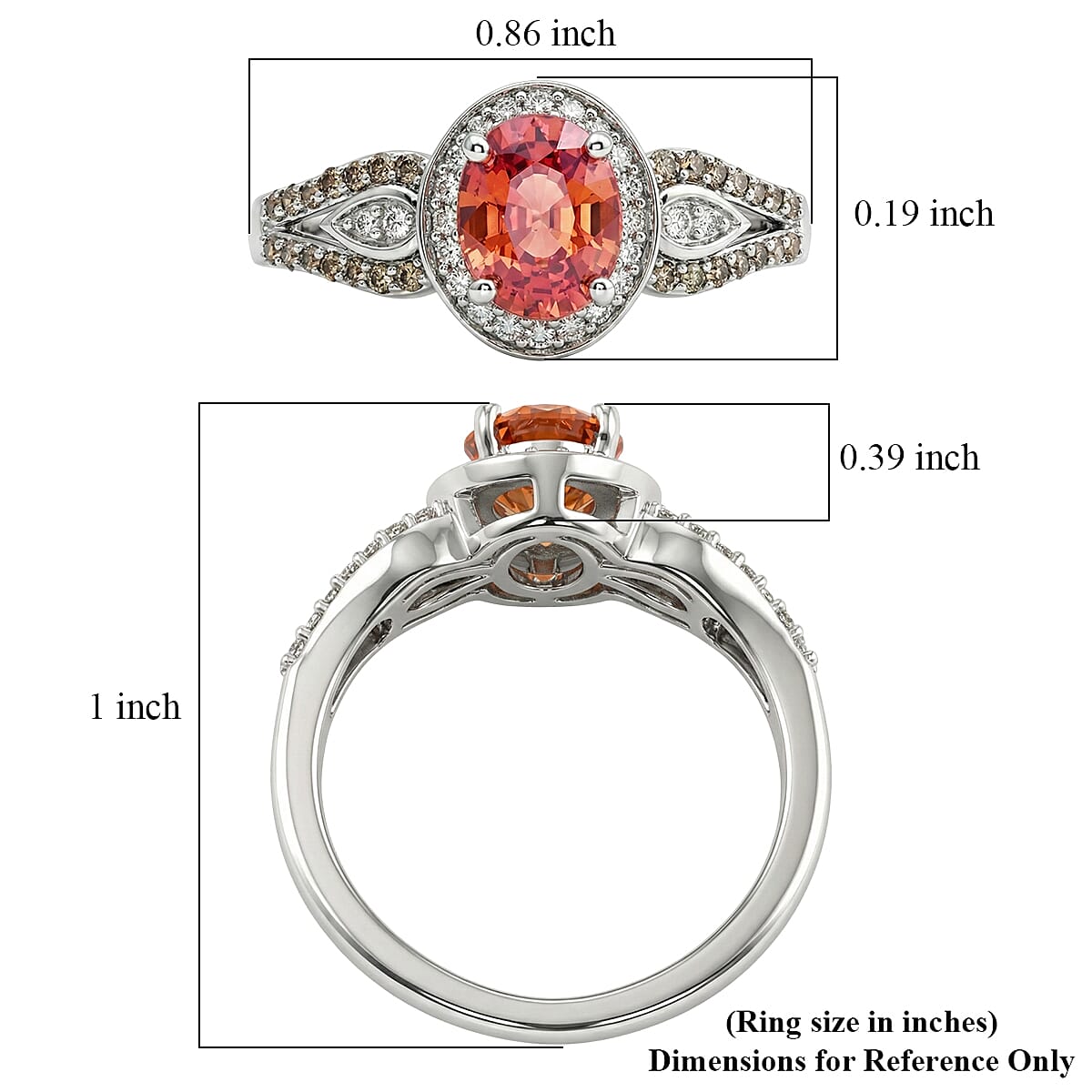 AAA Padparadscha Sapphire (BT), Natural Champagne and White Diamond 1.60 ctw Ethereal Mirage Ring in Rhodium Over Sterling Silver (Size 6.0) image number 4