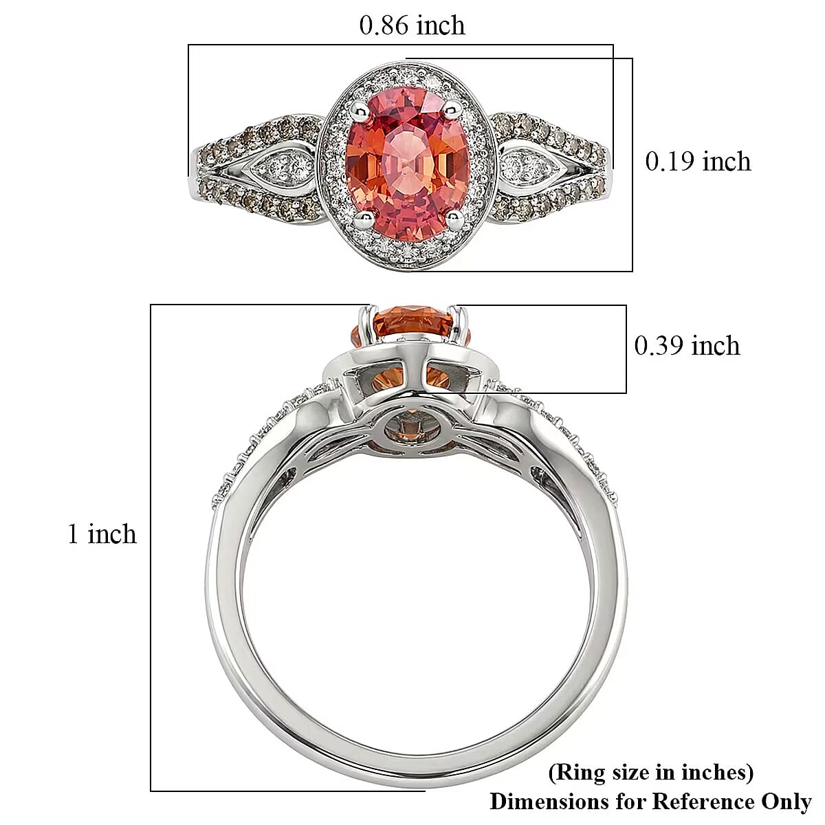 AAA Padparadscha Sapphire (BT), Natural Champagne and White Diamond 1.60 ctw Ethereal Mirage Ring in Rhodium Over Sterling Silver (Size 6.0) image number 5