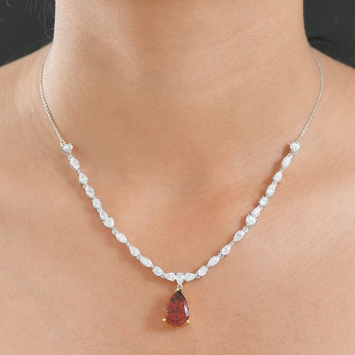 D'Joy Premium Red Citrine and Moissanite 9.65 ctw Empress Glow Necklace in 18K Vermeil YG and Rhodium Over Sterling Silver 18-20 Inches  image number 2