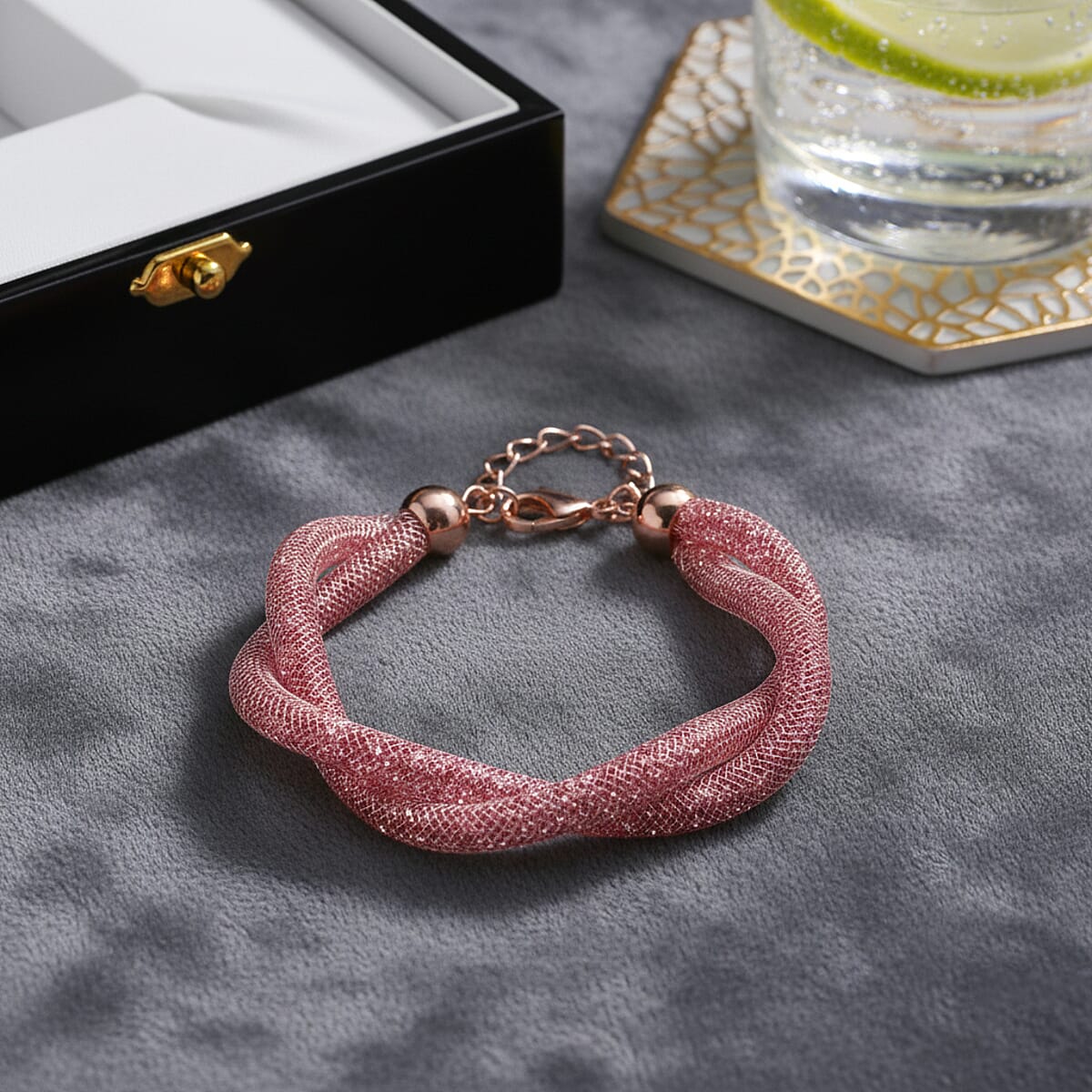 Pink Austrian Crystal Twisted Rope Bracelet in Rosetone (9.5-11.5In) image number 1