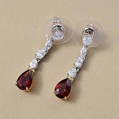 D'Joy Premium Red Citrine and Moissanite 3.60 ctw Empress Glow Earrings in 18K Vermeil YG and Rhodium Over Sterling Silver