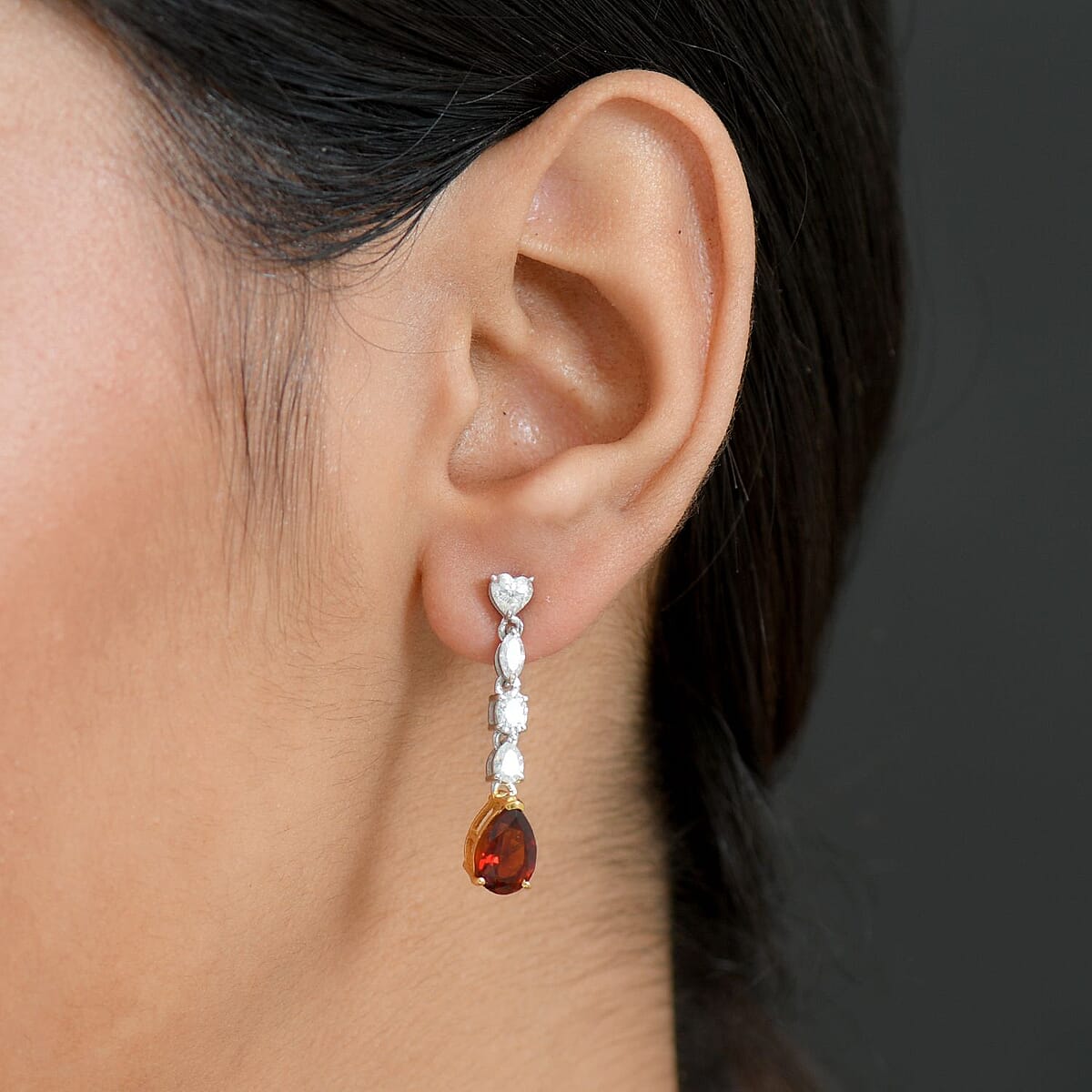 D'Joy Premium Red Citrine and Moissanite 3.60 ctw Empress Glow Earrings in 18K Vermeil YG and Rhodium Over Sterling Silver image number 2