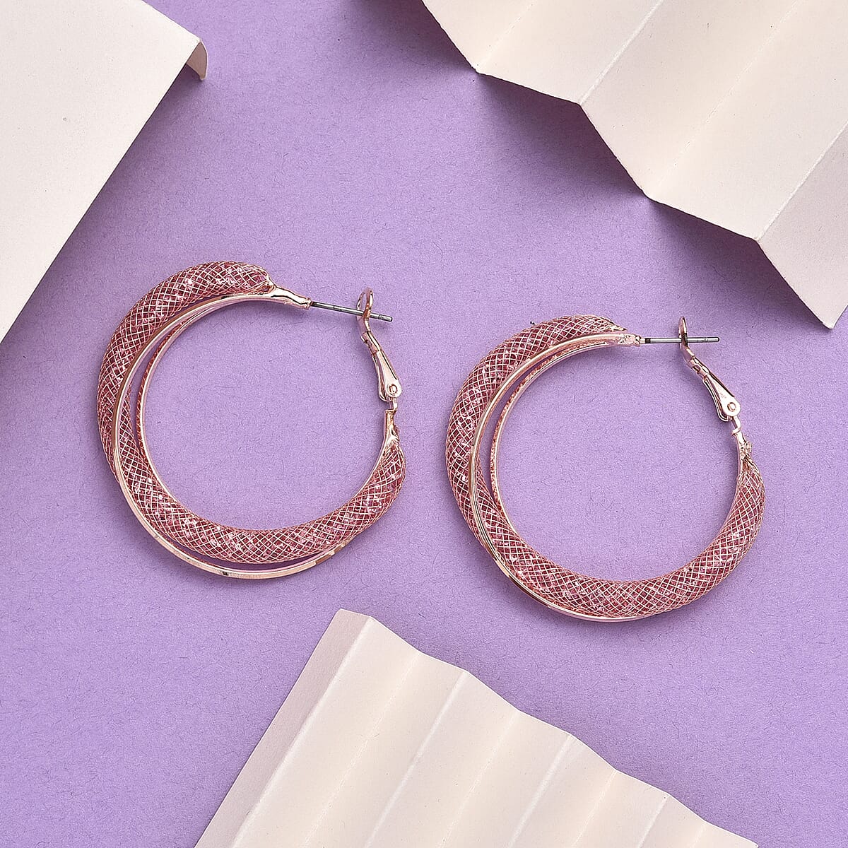 Pink Austrian Crystal Twisted Rope Hoop Earrings in Rosetone image number 1