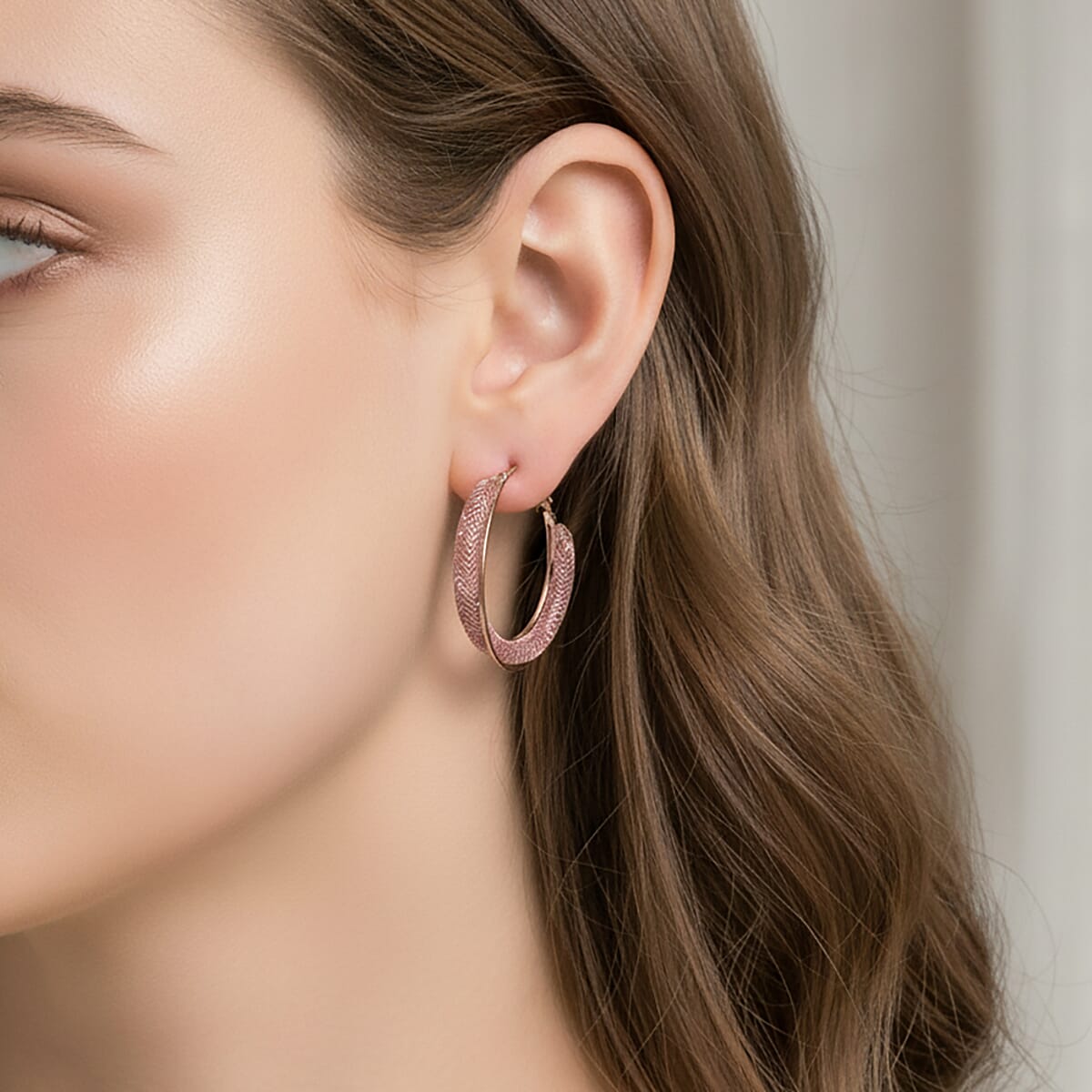 Pink Austrian Crystal Twisted Rope Hoop Earrings in Rosetone image number 2