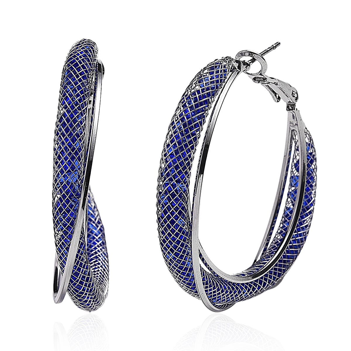 Blue Austrian Crystal Twisted Rope Hoop Earrings in Silvertone
