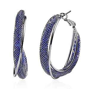 Blue Austrian Crystal Twisted Rope Hoop Earrings in Silvertone