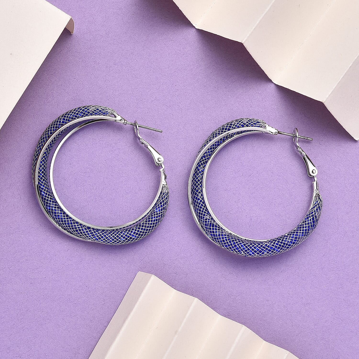 Blue Austrian Crystal Twisted Rope Hoop Earrings in Silvertone