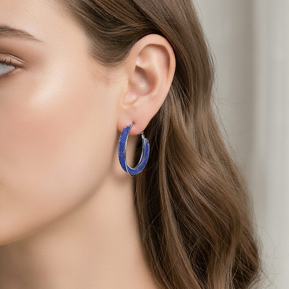 Blue Austrian Crystal Twisted Rope Hoop Earrings in Silvertone