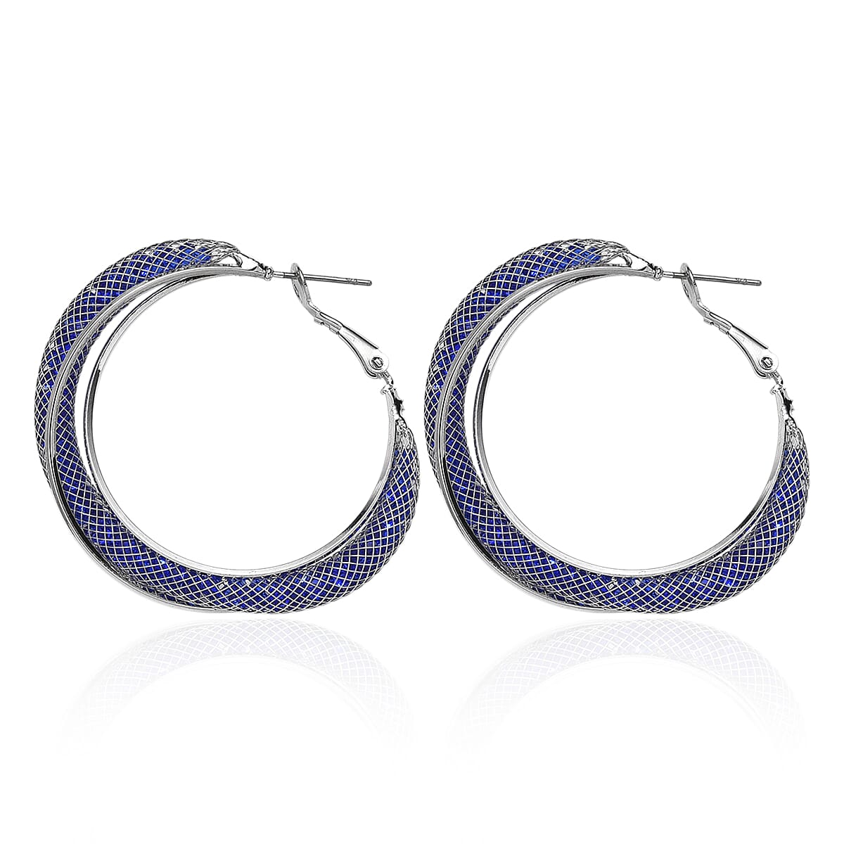 Blue Austrian Crystal Twisted Rope Hoop Earrings in Silvertone image number 3