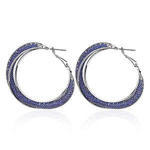 Blue Austrian Crystal Twisted Rope Hoop Earrings in Silvertone