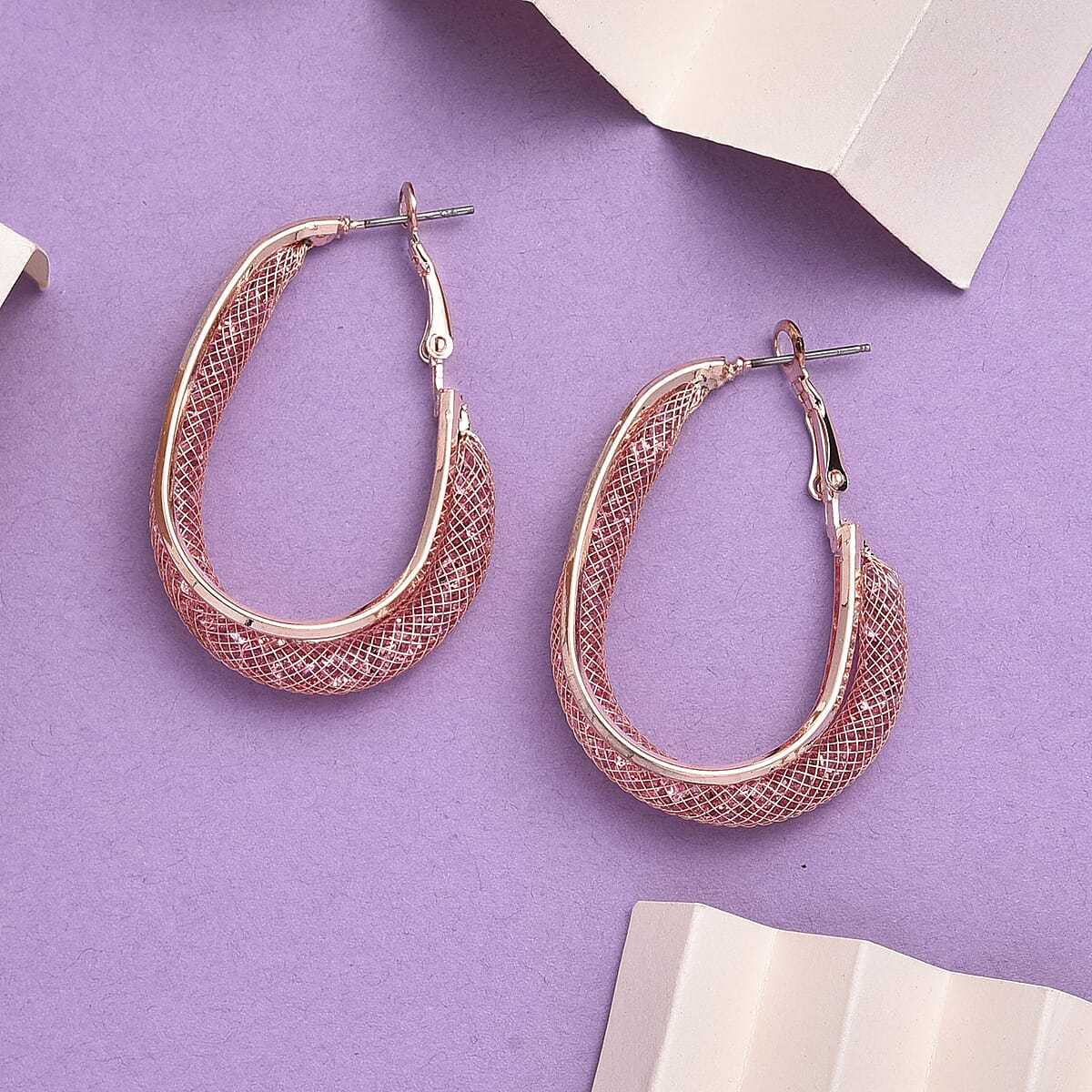 Pink Austrian Crystal Mesh Hoop Earrings in Rosetone image number 1