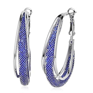 Blue Austrian Crystal Mesh Hoop Earrings in Silvertone