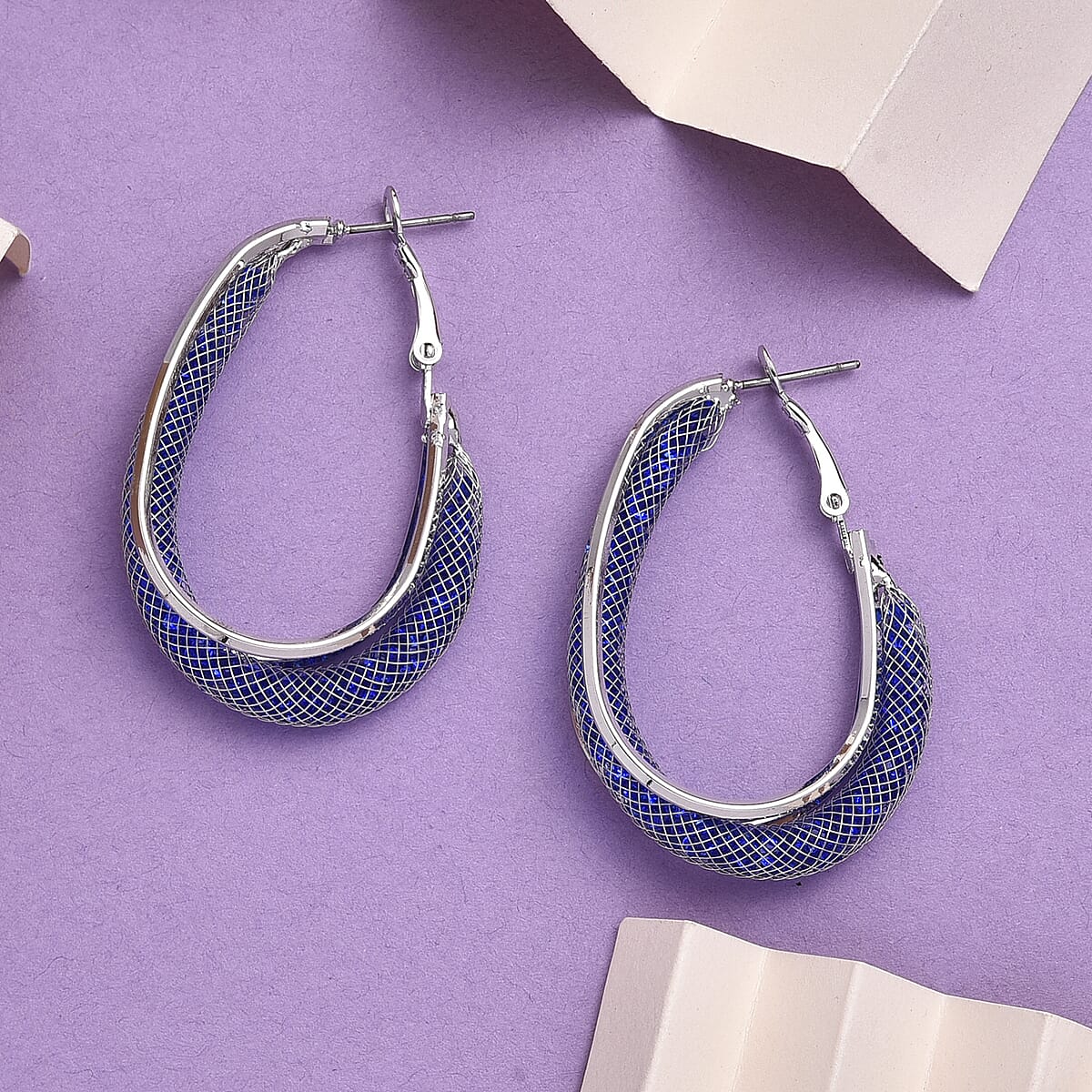 Blue Austrian Crystal Mesh Hoop Earrings in Silvertone image number 1